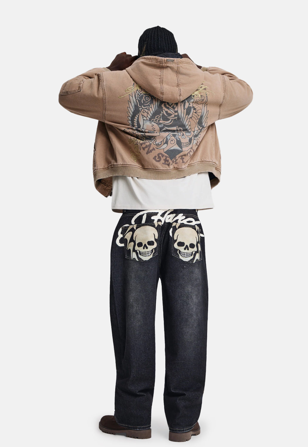 Flying Skull PU Applique Relaxed Jeans