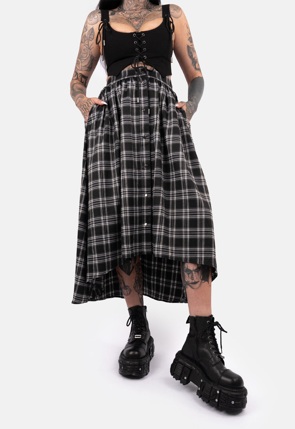 Rave Dip Hem Check Maxi Skirt