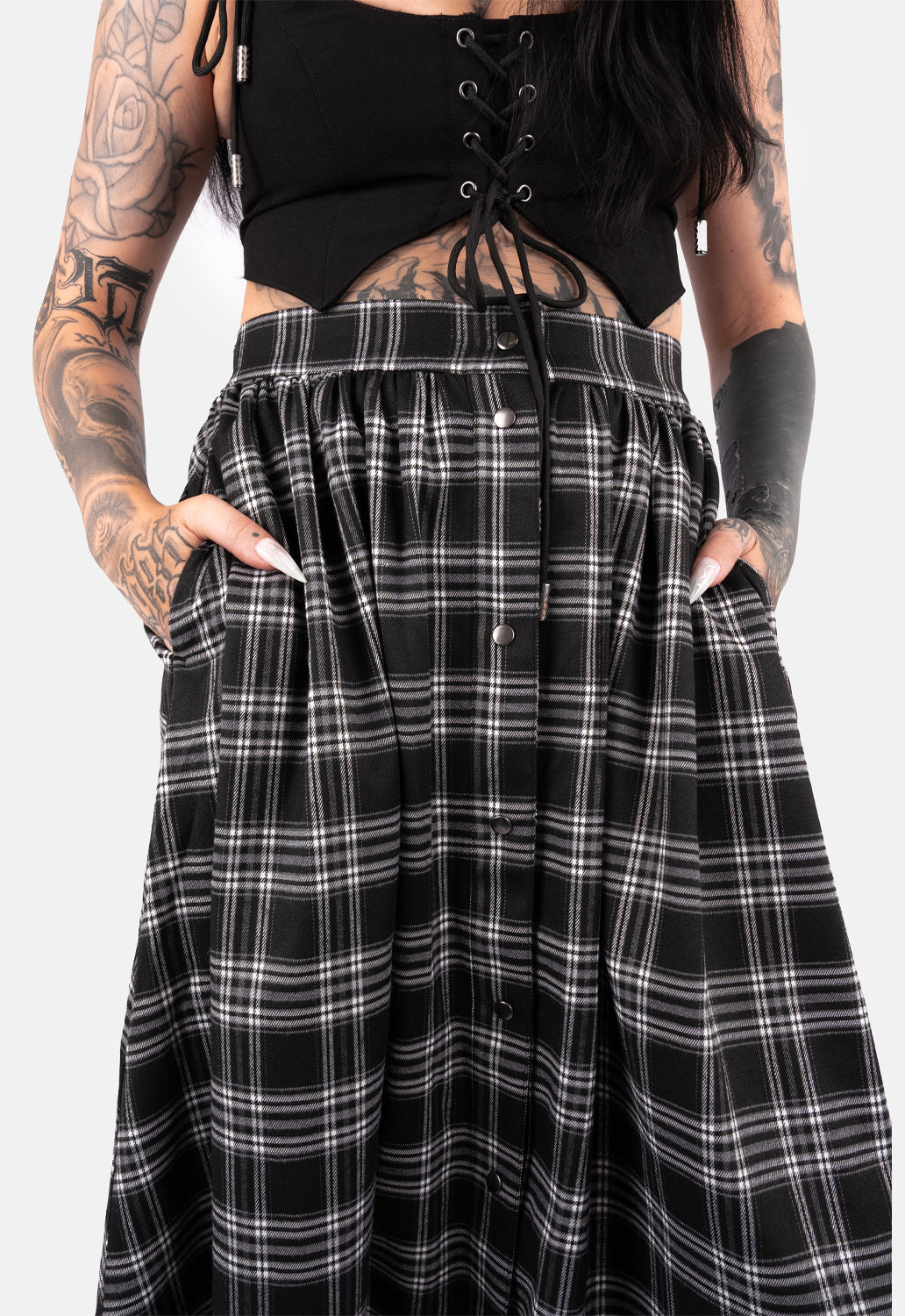 Rave Dip Hem Check Maxi Skirt