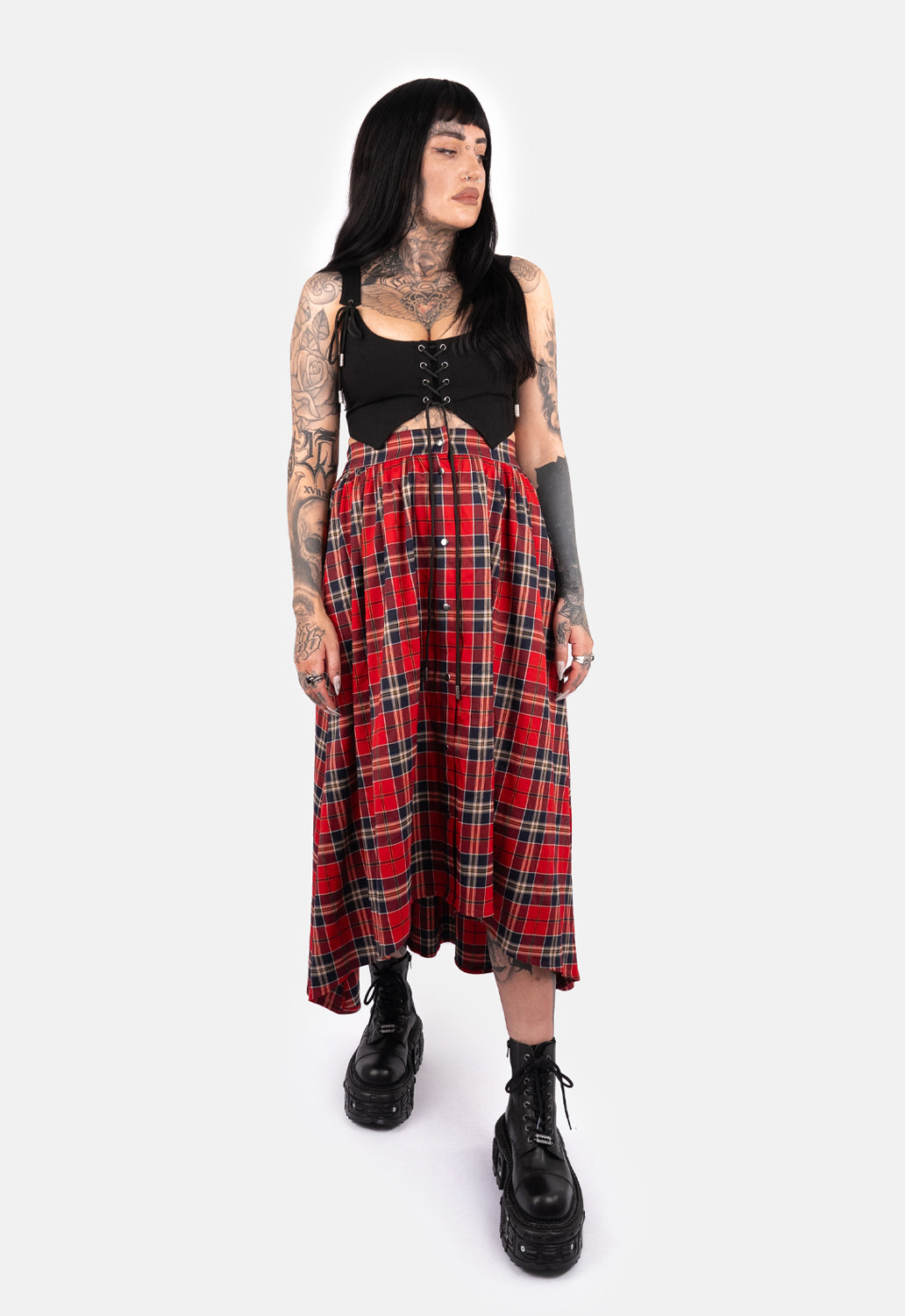 Rave Dip Hem Check Maxi Skirt