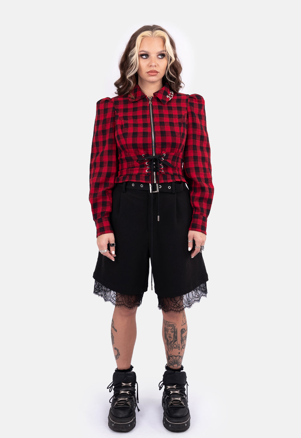 Rebel Lace Check Crop Long Sleeved Top