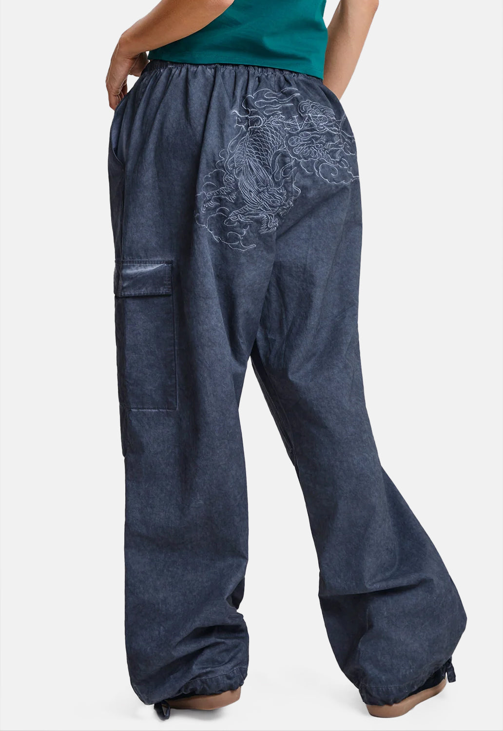 Tattoo Embroidered Washed Relaxed Cargo Pants