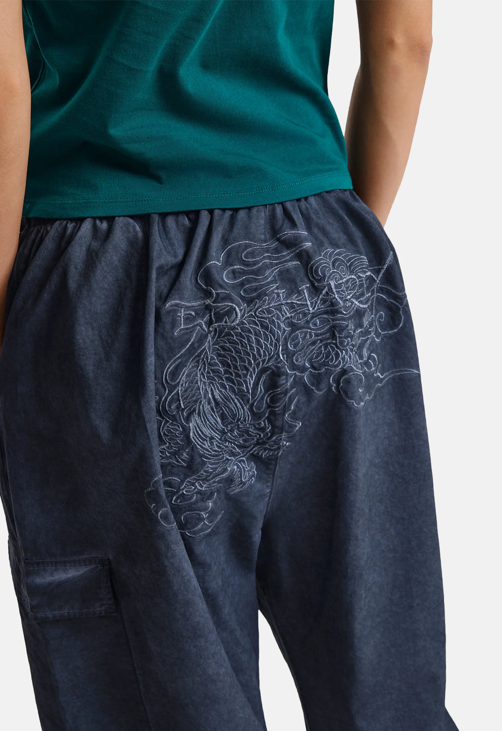 Tattoo Embroidered Washed Relaxed Cargo Pants
