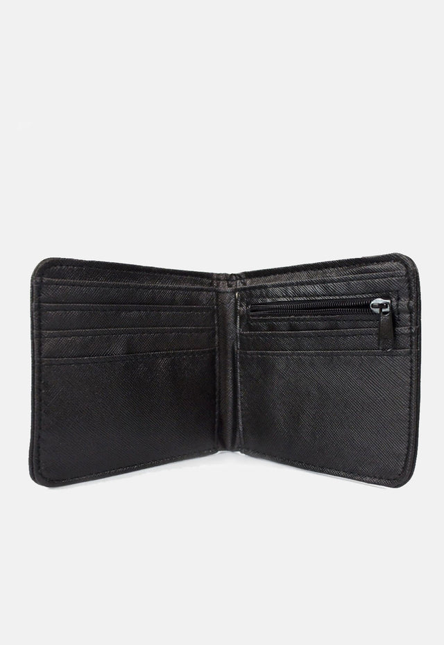 Black Bring Me The Horizon Spirit Wallet Band Merch. Bi-fold wallet with elasticated closure. Features two pockets and five card slots.