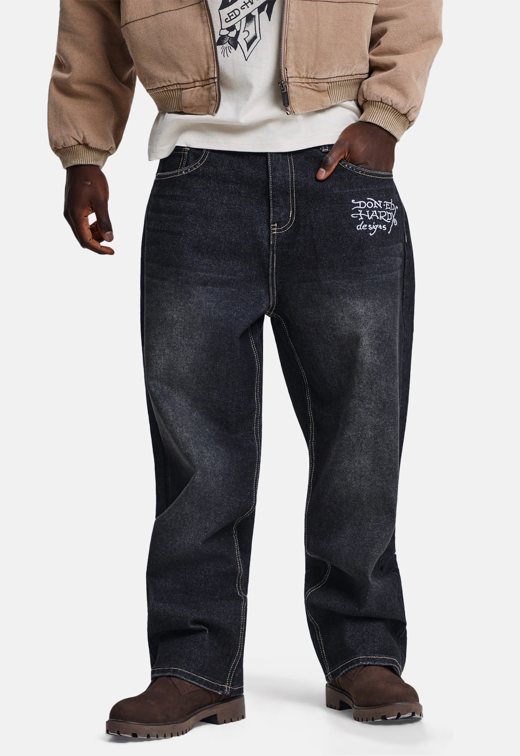 Flying Skull PU Applique Relaxed Jeans