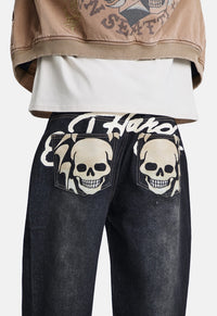 Flying Skull PU Applique Relaxed Jeans
