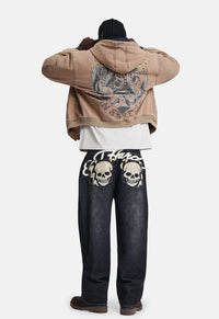 Flying Skull PU Applique Relaxed Jeans