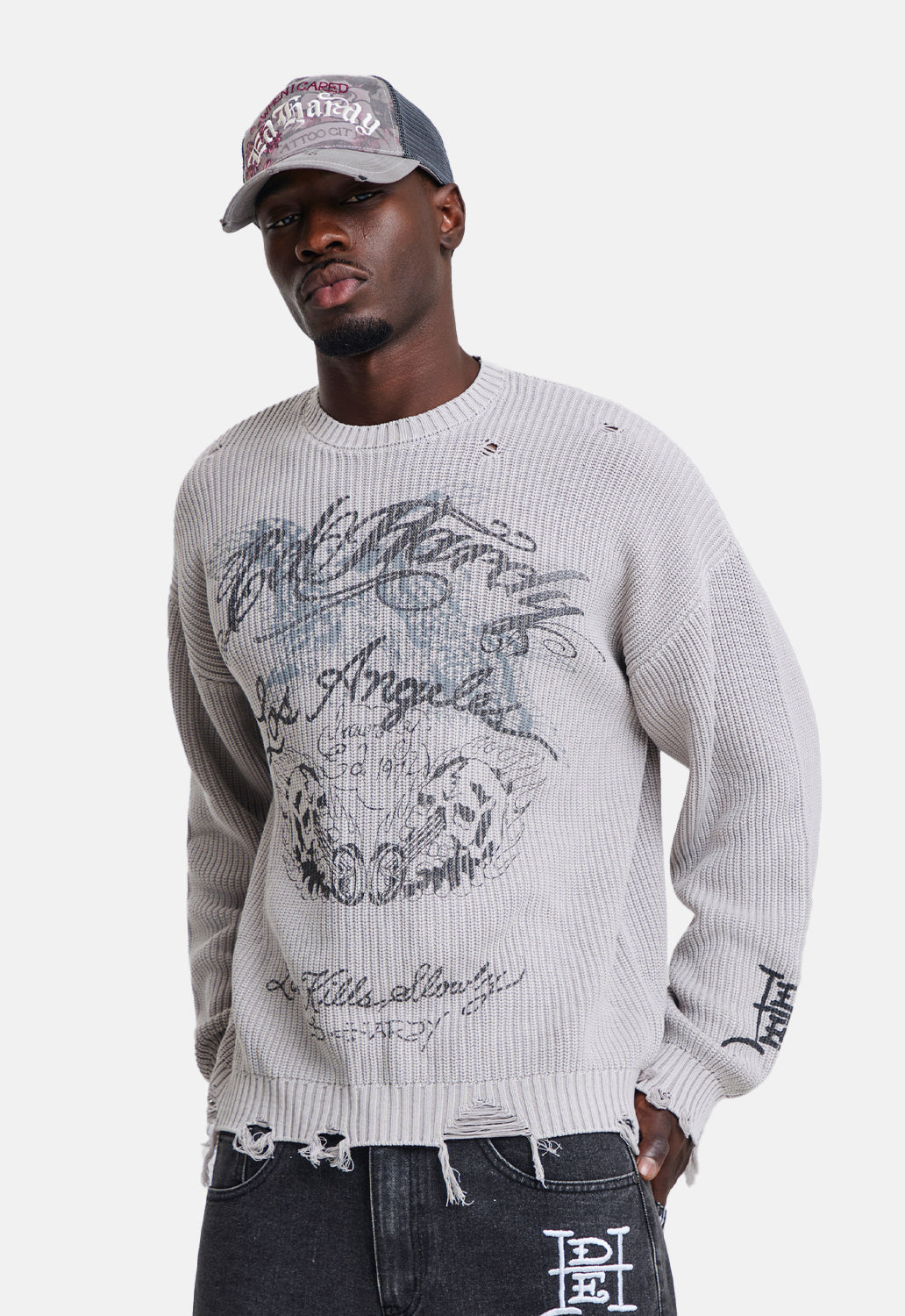 Distressed Los Angeles Knitted Relaxed Crew Jumper