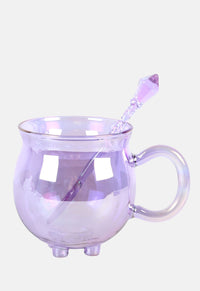 Purple Double Walled Glass Cauldron Mug With Spoon