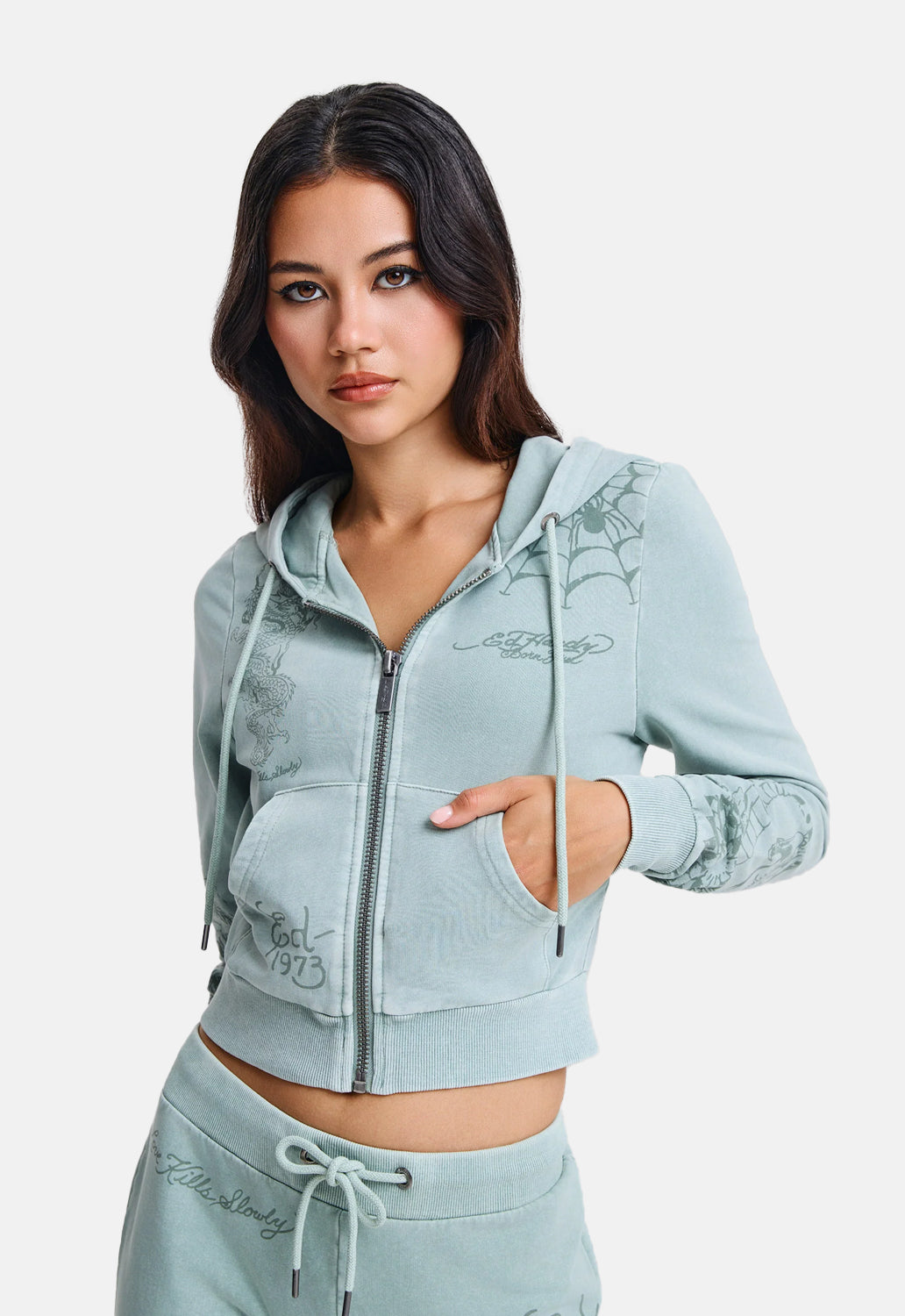 Tattoo Fit Zip Thru Acid Wash Hoodie