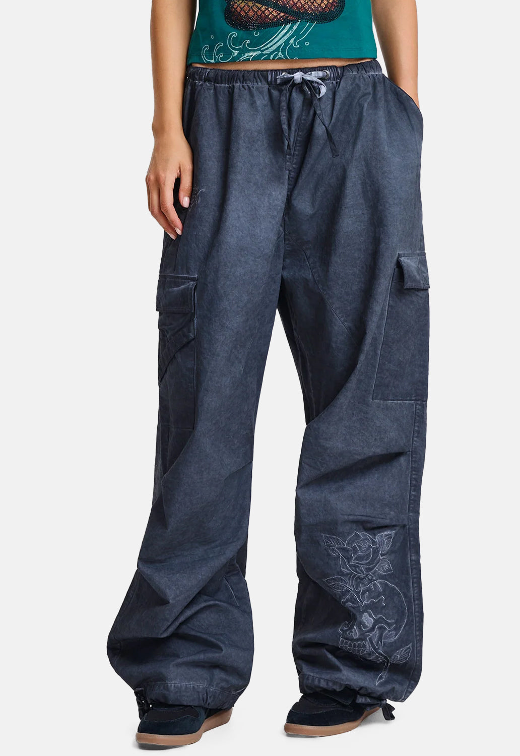 Tattoo Embroidered Washed Relaxed Cargo Pants