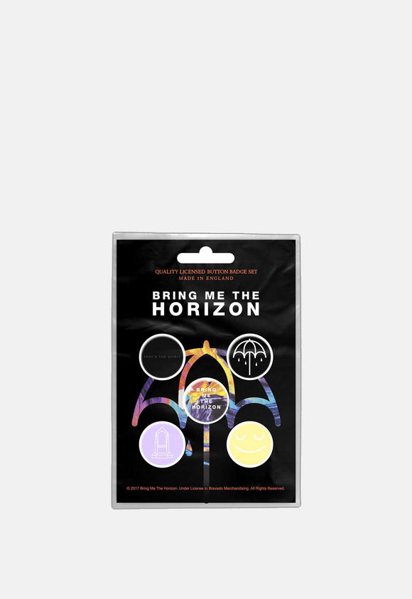 Bring Me The Horizon "That's The Spirit" Button Badge Set Band Merch. Pack of 5 pin badges presented on a printed card back.