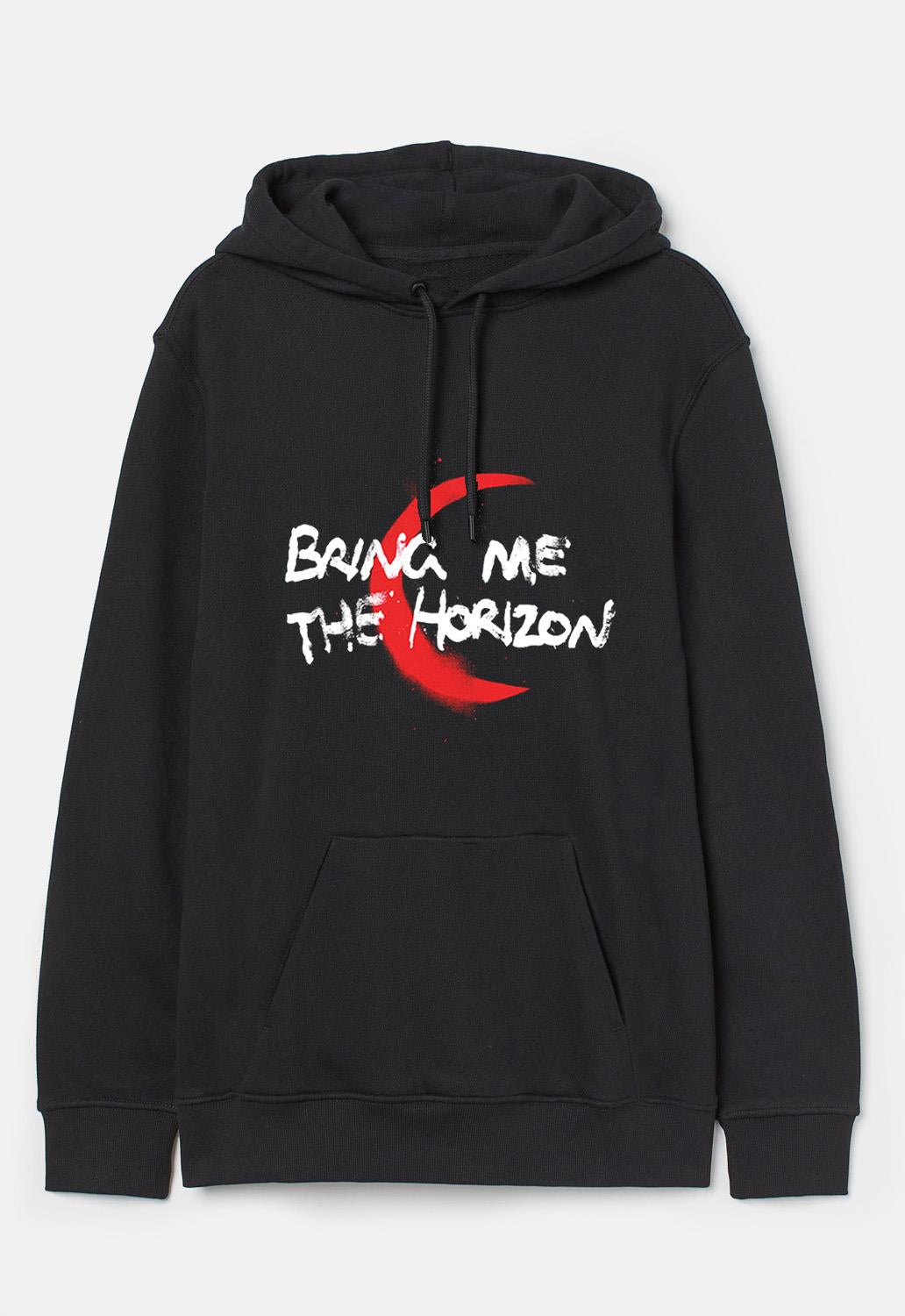 Black Bring Me The Horizon Lost Band Hoodie. Regular fit, pullover hoodie with drawstring cord and kangaroo pouch. Features cuff hem and sleeves. Front print with text and back print design.