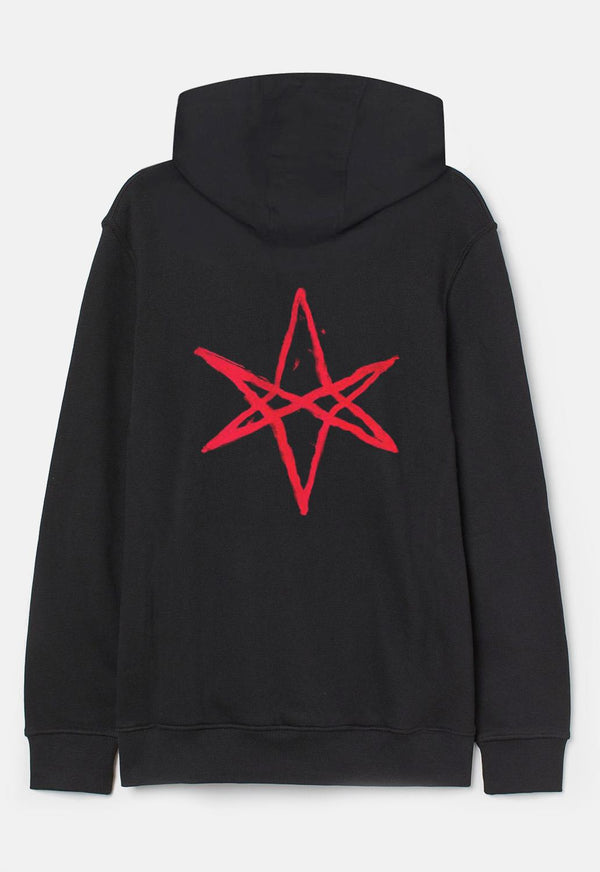 Black Bring Me The Horizon Lost Band Hoodie. Regular fit, pullover hoodie with drawstring cord and kangaroo pouch. Features cuff hem and sleeves. Front print with text and back print design.