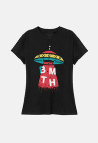 Slim-fit black women's Bring Me The Horizon band t-shirt with a UFO front print design.