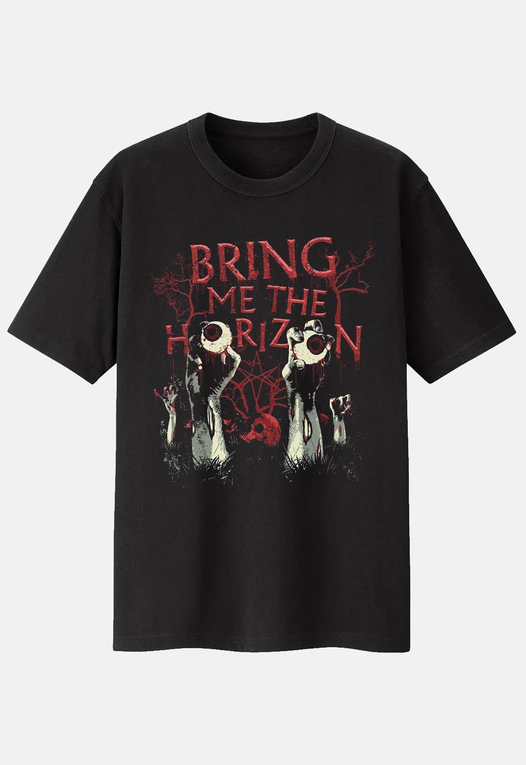 Black Bring Me The Horizon Graveyard Eyes Band T-Shirt. Regular fit, short-sleeved tee with a crew neckline and screen-printed design. Features a zombie graveyard printed on the front.