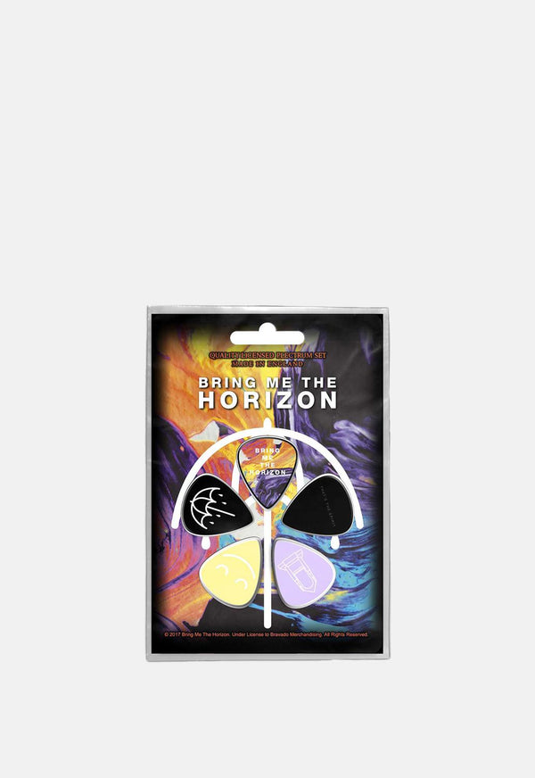 Multi-colored Bring Me The Horizon "That's The Spirit" Plectrum Pack Band Merch. 5-pack plectrum pack comes packaged on a branded card.