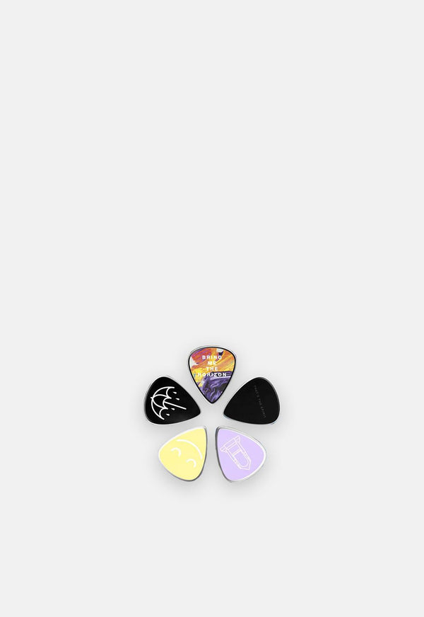 Multi-colored Bring Me The Horizon "That's The Spirit" Plectrum Pack Band Merch. 5-pack plectrum pack comes packaged on a branded card.
