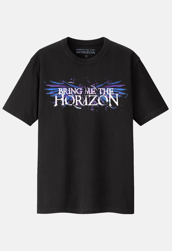 Black Bring Me The Horizon Crow Wings Band T-Shirt. Regular fit, short-sleeved tee with a crew neckline. Features a DMG SCY exclusive design with screen-printed crow wings motif.