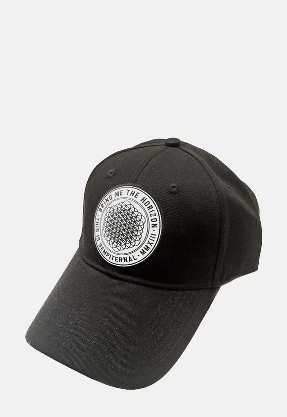 Black Bring Me The Horizon Sempiternal Cap band merch. Regular fit, baseball cap made from polyester material. Features embroidered stitched band design on the front. One size fits most with adjustable snap fastening at the back.