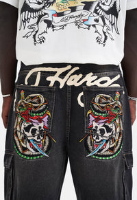 Skull Dagger Snake Denim Jorts