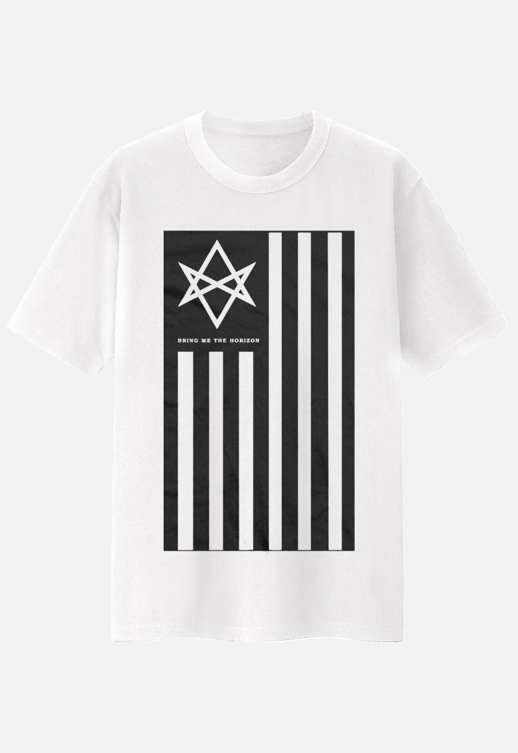 White Bring Me The Horizon Antivist Band T-Shirt. Regular fit, short-sleeved tee with a crew neckline and screen-printed back design. Features a large Antivist design as a front chest print.