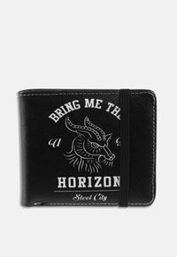 Black Bring Me The Horizon Goat Wallet Band Merch. Bi-fold wallet with elasticated closure. Features two pockets and five card slots. Dimensions: 10 x 11 x 1.5 cm.