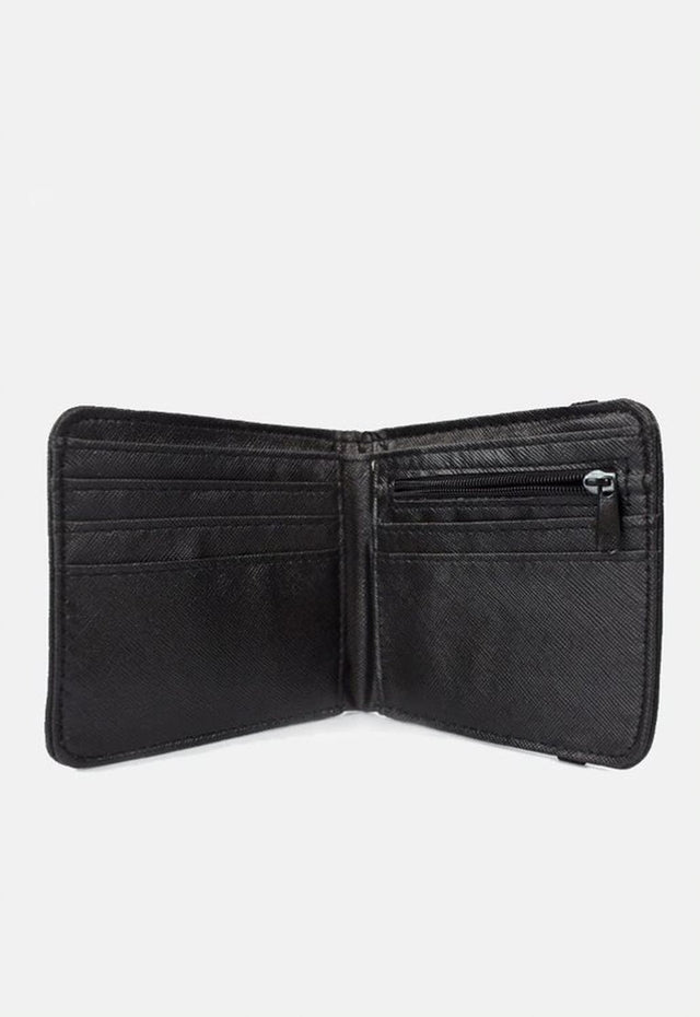 Black Bring Me The Horizon Goat Wallet Band Merch. Bi-fold wallet with elasticated closure. Features two pockets and five card slots. Dimensions: 10 x 11 x 1.5 cm.