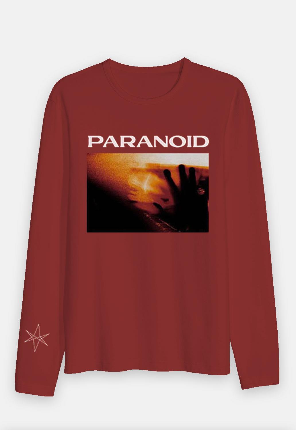 Red Bring Me The Horizon Paranoid Long Sleeved Band Top. Regular fit, long-sleeved top with a crew neckline. Features screen-printed design on the front and back.