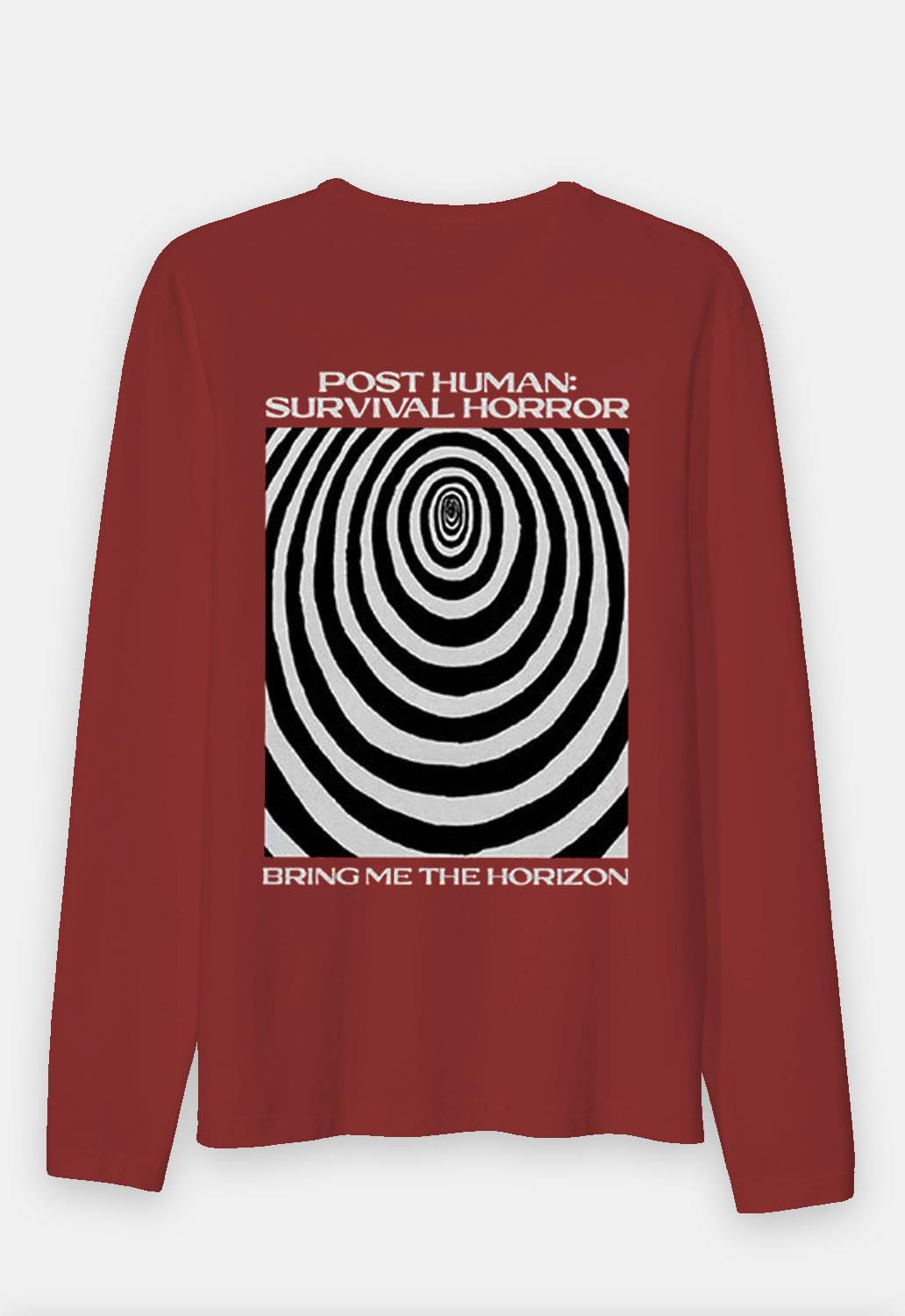 Red Bring Me The Horizon Paranoid Long Sleeved Band Top. Regular fit, long-sleeved top with a crew neckline. Features screen-printed design on the front and back.