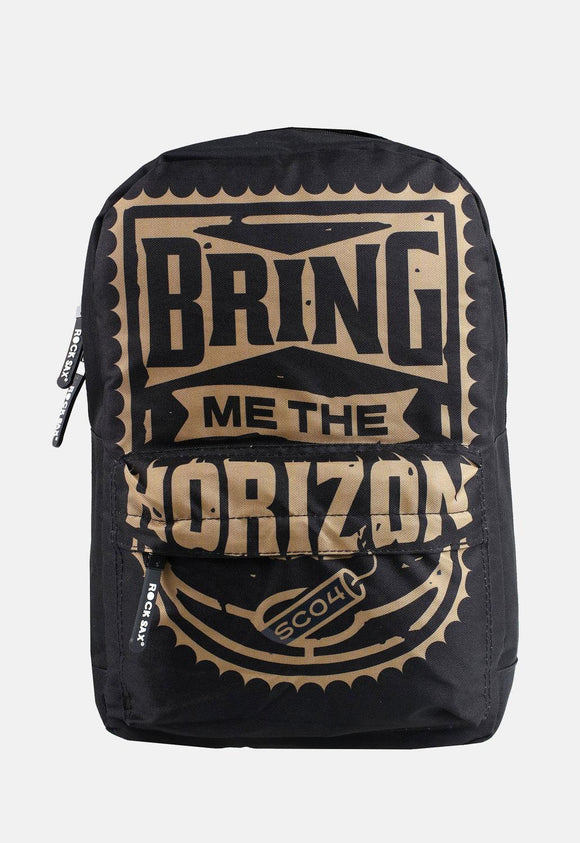 Black Bring Me The Horizon Gold Backpack Band Merch. Rock Sax Rucksacks are strong, functional, and stylish. The bags are fully padded throughout on both the straps and the inner compartments, as well as the bottom of the bag for extra durability. The approximate dimensions of the bag are 45cm x 30cm x 15cm with a large 20L capacity.