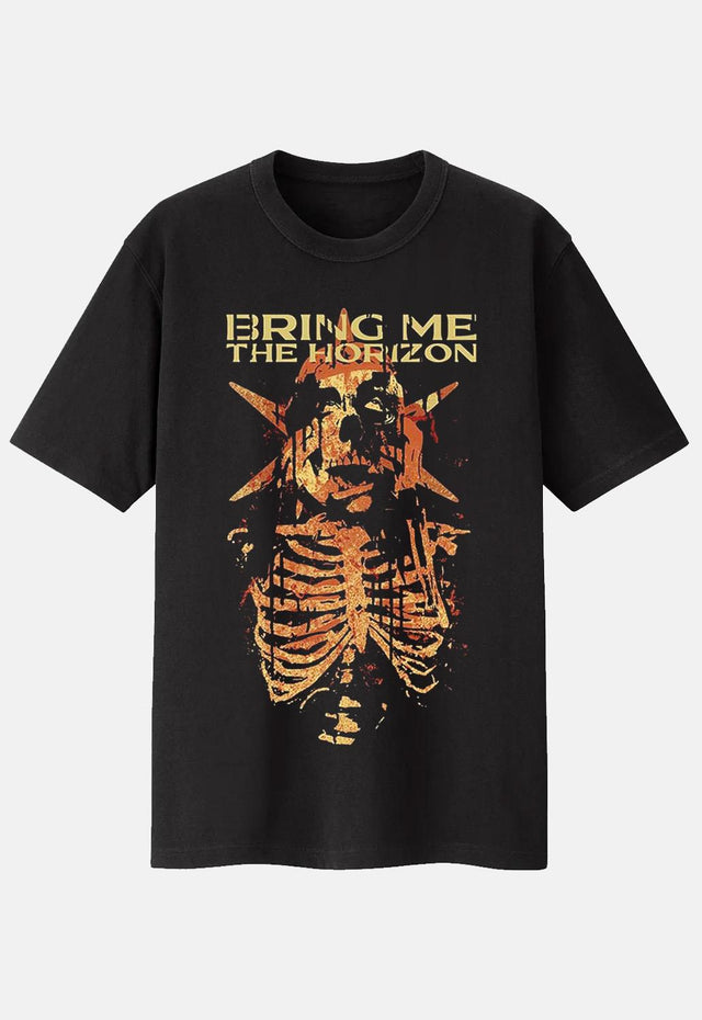 Black Bring Me The Horizon Skull Muss Band T-Shirt. Classic fit, short-sleeved tee with a crew neckline and screen-printed design. Features branded neck print.