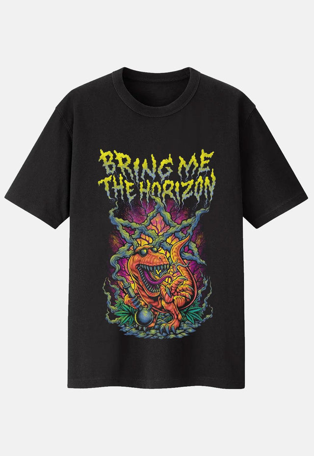 Black Bring Me The Horizon Smoking Dinosaur Band T-Shirt. Regular fit, short-sleeved tee with a crew neckline and screen-printed design. Features a dinosaur wearing shades, takin' a hit.