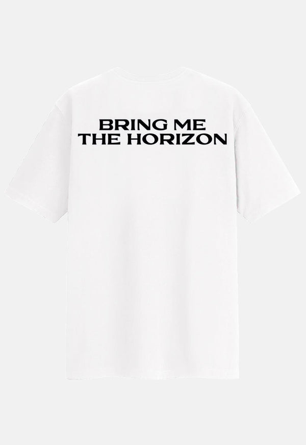 White Bring Me The Horizon Barbed Wire Band T-Shirt. Regular fit, short-sleeved tee with a crew neckline and screen-printed design. Features a barbed wire hex symbol on the front and the band logo on the back.