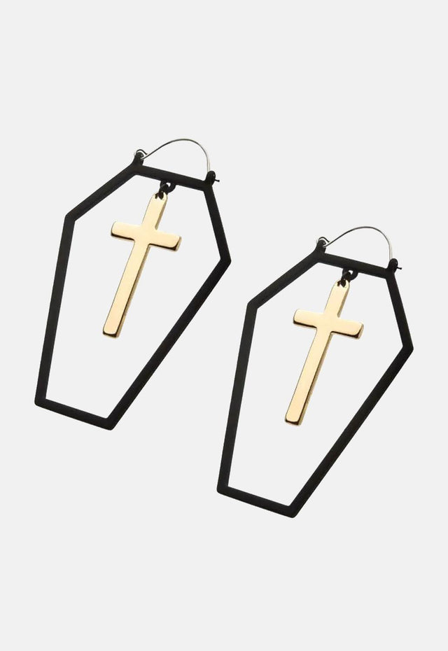 Gold Cross Coffin Plug Hoops