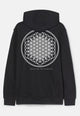 Black Bring Me The Horizon Sempiternal Flower Of Life Zip Band Hoodie. Classic fit, zip-up hoodie with drawstring cords and two side pockets. Features left chest band logo print and Flower Of Life logo printed on the back.