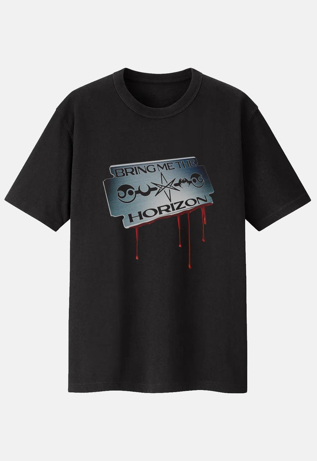 Black Bring Me The Horizon Razor Blade Band T-Shirt. Regular fit, short-sleeved tee with a crew neckline and screen-printed design. Features a blood-soaked razor blade with band logo.